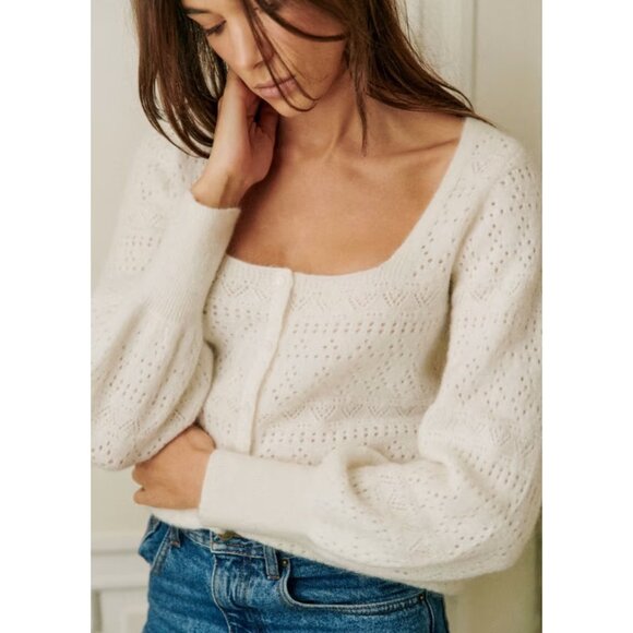 Sezane Sweaters - NWT La Maille Sezane Esmee Cardigan in Ecru Pointelle Mohair Wool Knit Sweater M